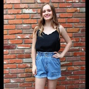 High Waist Distressed Denim Shorts in Blue Denim